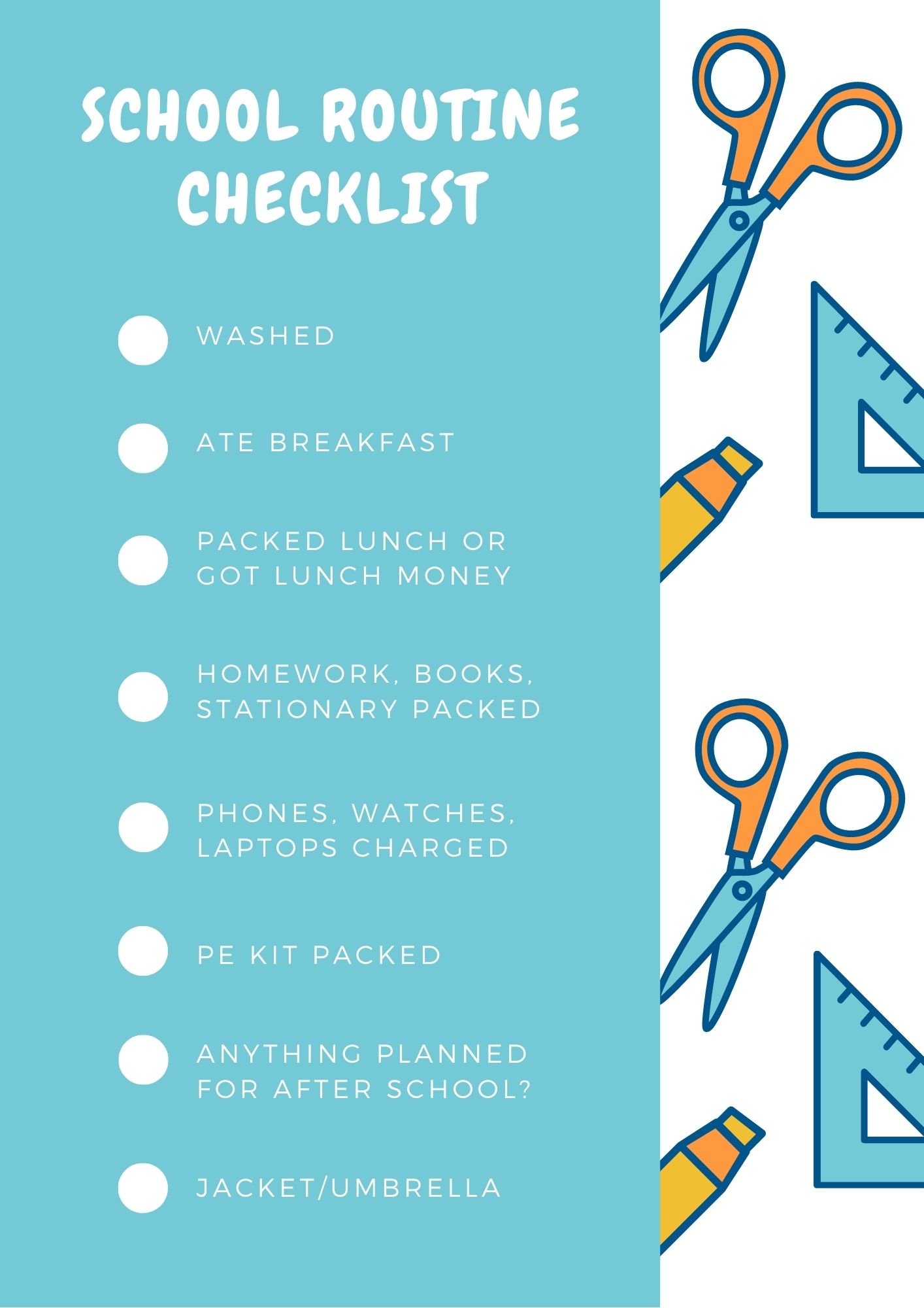 School morning routine printable checklist and chart